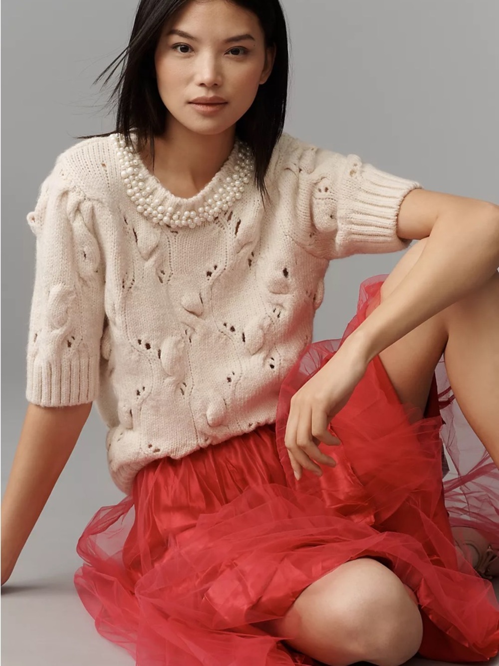 NWT Size M - Maeve Pearl Necklace Cable Sweater Tee Ivory (NWT US$ 118)